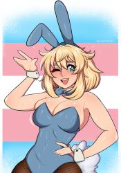 Rule 34 | 1boy, absurdres, arm up, blonde hair, blue bow, blue bowtie, blue leotard, bow, bowtie, breasts, bridget (guilty gear), brown pantyhose, cleavage, fishnet pantyhose, fishnets, green eyes, guilty gear, guilty gear strive, hand on own hip, highres, large breasts, leotard, male focus, male with breasts, npczoey, one eye closed, open mouth, pantyhose, playboy bunny, short hair, solo, transgender flag, trap, twitter username, wrist cuffs