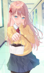 Rule 34 | 1girl, absurdres, black pantyhose, blue eyes, blue skirt, blush, brown hair, candy, chocolate, chocolate heart, collared shirt, covering own mouth, day, food, gift bag, goldowl, heart, highres, incoming gift, indoors, long sleeves, looking at viewer, original, pantyhose, reaching, reaching towards viewer, school, shirt, skirt, sleeves past wrists, solo, standing, sweater, uniform, white shirt, yellow sweater