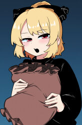 Rule 34 | 1girl, absurdres, black bow, black shirt, blonde hair, blue background, blush, bow, commentary request, hair bow, hair bun, highres, holding, holding pillow, kurodani yamame, long sleeves, looking at viewer, medium bangs, open mouth, pillow, red eyes, rinyamame, shirt, short hair, simple background, single hair bun, solo, teeth, touhou, upper body, upper teeth only
