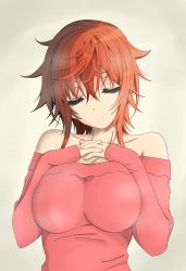 Rule 34 | 1girl, bare shoulders, breast suppress, breasts, brown hair, closed eyes, collarbone, highres, inushi, koisome momiji, large breasts, nanasato yui, off shoulder, red hair, simple background, solo