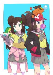 Rule 34 | 2girls, alternate costume, blue background, border, bright pupils, brown hair, blowing bubbles, closed mouth, clothes around waist, commentary request, creatures (company), double bun, eyelashes, frown, game freak, gen 5 pokemon, green eyes, hair bun, hair ornament, hairclip, hat, high ponytail, highres, hilda (pokemon), holding, holding phone, jacket, knees, long hair, multiple girls, nintendo, nose bubble, on head, open clothes, open jacket, phone, pkpokopoko3, pleated skirt, pokemon, pokemon (creature), pokemon bw, pokemon bw2, pokemon on head, rosa (pokemon), sailor collar, school uniform, shirt, short sleeves, sidelocks, skirt, snivy, tepig, thighhighs, white border, white legwear, yellow shirt