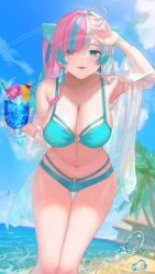 Rule 34 | 1girl, absurdres, ahoge, arm up, beach, bikini, blue bikini, blue eyes, blue hair, blue sky, blush, breasts, cleavage, collarbone, commentary request, cup, day, drink, drinking straw, earrings, eyes visible through hair, flower, hair ornament, hair over one eye, heterochromia, highres, holding, holding cup, indie virtual youtuber, jewelry, large breasts, lens flare, looking at viewer, mole, mole under eye, multicolored hair, navel, o-ring, o-ring bikini, ocean, open clothes, outdoors, palm tree, parted lips, pink eyes, pink hair, rushian, see-through, sky, smile, solo, stomach, swimsuit, swimsuit cover-up, tree, virtual youtuber, water, white hair