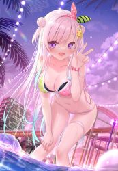 Rule 34 | 1girl, :d, airani iofifteen, alternate costume, bikini, breasts, cleavage, headband, highres, hololive, hololive indonesia, in water, large breasts, leaning forward, navel, night, night sky, official art, open mouth, palette hair ornament, palm tree, pink hair, purple eyes, sky, smile, star (sky), string of light bulbs, swimsuit, thigh gap, thigh strap, tree, v, virtual youtuber, water slide, yano mitsuki (nanairo)
