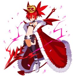 Rule 34 | 1girl, black gloves, boots, bracelet, choker, crown, demon girl, demon tail, demon wings, disgaea, disgaea rpg, earrings, elbow gloves, elder spear, etna (disgaea), fang, flat chest, full body, gloves, highres, holding, holding polearm, holding weapon, jewelry, long tail, navel, non-web source, official art, open mouth, photoshop (medium), pointy ears, polearm, red eyes, red hair, red tail, red wings, robe, skirt, skull earrings, slit pupils, solo, tail, thighhighs, transparent background, twintails, weapon, wings