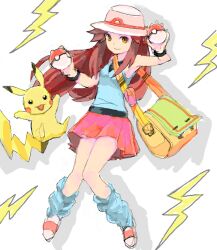 Rule 34 | 1girl, bad drawr id, bad id, bare arms, blue camisole, blue socks, brown hair, camisole, character request, closed mouth, creatures (company), drop shadow, full body, game freak, gen 1 pokemon, hands up, hat, holding, holding poke ball, lightning bolt symbol, long hair, looking at viewer, loose socks, nintendo, oekaki, pikachu, poke ball, pokemon, pokemon frlg, red skirt, sidelocks, skirt, slippers, smile, socks, solo, suya000, yellow bag, yellow eyes