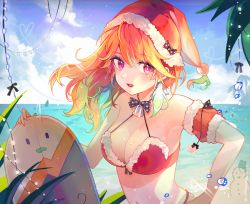 Rule 34 | 1girl, absurdres, arm strap, beach, bell, bikini, blue sky, breasts, christmas, christmas lights, cleavage, cloud, day, earrings, feather earrings, feathers, floating hair, gradient hair, green hair, happyongdal, hat, highres, holding, holding surfboard, hololive, hololive english, jewelry, jingle bell, long hair, looking to the side, medium breasts, multicolored hair, nail polish, navel, ocean, open mouth, orange hair, orange nails, outdoors, pink eyes, sand sculpture, santa bikini, santa hat, shark fin, sky, snowman, solo, sunlight, surfboard, swimsuit, takanashi kiara, two-tone hair, upper body, virtual youtuber, water, water drop, wet