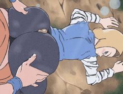 Rule 34 | 1boy, 1girl, all fours, android 18, animated, animated gif, ass, ass grab, blonde hair, blue eyes, blush, buttjob, buttjob over clothes, clothed sex, d-art, dragon ball, dragonball z, from above, from behind, happy sex, hetero, huge ass, jiggle, kneeling, kuririn, long sleeves, looking at viewer, looking back, medium hair, on ground, outdoors, pants, penis, smile, tight clothes, tight pants