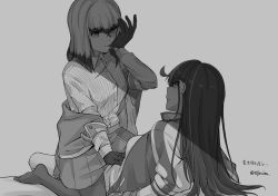 Rule 34 | 2girls, black gloves, black hair, dress shirt, earrings, gloves, greyscale, inago akira, jewelry, jouhou, leather, leather gloves, long hair, long sleeves, looking at another, monochrome, multicolored hair, multiple girls, off shoulder, pantyhose, pleated skirt, satsuki yomi, shirt, skirt, straddling, toji no miko, two-tone hair, white hair, white shirt, yuri