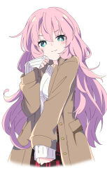 Rule 34 | 1girl, :3, aqua eyes, bright pupils, brown coat, check commentary, coat, commentary request, ixy, long hair, long sleeves, looking at viewer, original, pink hair, red skirt, simple background, skirt, sleeves past wrists, solo, sweater, white background, white pupils, white sweater
