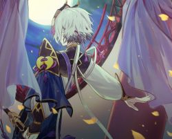 Rule 34 | 1boy, armor, chinese armor, chinese clothes, csyday, fate/grand order, fate (series), from behind, full moon, hair between eyes, highres, horned mask, male focus, mask, masked, moon, prince of lan ling (fate), silver hair, solo, window