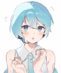Rule 34 | 1girl, :o, bare shoulders, blue eyes, blue hair, blue nails, blue necktie, collared shirt, detached sleeves, hatsune miku, headset, highres, looking at viewer, nail polish, necktie, shirt, short hair, simple background, solo, tagme, vocaloid, white background