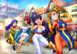 Rule 34 | 4girls, amami haruka, arms up, blue hair, blurry, boots, breasts, brown hair, cape, chunsoft, cleavage, clenched hands, cosplay, depth of field, dragon quest, dragon quest iii, enix, fighter (dq3), fighter (dq3) (cosplay), futami mami, ganaha hibiki, gloves, grin, hair bobbles, hair ornament, happy, highres, idolmaster, idolmaster (classic), kisaragi chihaya, large breasts, long hair, merchant (dq3), merchant (dq3) (cosplay), multiple girls, one eye closed, open mouth, ponytail, priest (dq3), priest (dq3) (cosplay), purple hair, raised fist, road, ryoi, sage (dq3), sage (dq3) (cosplay), side ponytail, smile, street, tabard, wink