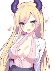 1girl :d blonde_hair blush breast_tattoo breasts cleavage commentary_request demon_girl demon_horns green_eyes heart hololive horns ishida_aya lab_coat large_breasts long_hair long_sleeves looking_at_viewer mixed-language_commentary open_mouth partially_unbuttoned pink_shirt pointy_ears shirt simple_background smile solo swept_bangs tattoo upper_body virtual_youtuber white_background yuzuki_choco yuzuki_choco_(1st_costume)