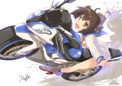 Rule 34 | 10s, 1girl, :d, absurdres, armadillo-tokage, bad id, bad pixiv id, bmw, bmw s1000rr, brown eyes, brown hair, dress, headgear, highres, kantai collection, long sleeves, looking at viewer, motor vehicle, motorcycle, neckerchief, open mouth, sailor collar, sailor dress, short hair, signature, simple background, smile, vehicle, yukikaze (kancolle)