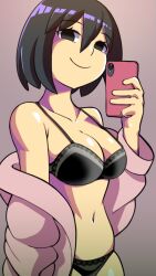 Rule 34 | 1girl, absurdres, bare shoulders, black bra, black eyes, black hair, black panties, bob cut, bra, breasts, cellphone, cleavage, closed mouth, collarbone, commentary, cowboy shot, english commentary, gradient background, grey background, hair between eyes, highres, holding, holding phone, looking at viewer, medium breasts, midriff, monogatari (series), navel, no gloves, off shoulder, open clothes, open shirt, oshino ougi, panties, phone, pink background, pink shirt, ruw ruler, selfie, shirt, short hair, skindentation, smartphone, smile, solo, taking picture, underwear, undressing
