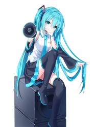 Rule 34 | 1girl, absurdres, arm tattoo, black footwear, black skirt, black sleeves, blue eyes, blue hair, blue necktie, boots, breast pocket, closed mouth, collared shirt, detached sleeves, feet out of frame, hair between eyes, hair ornament, hatsune miku, headphones, headset, highres, holding, holding megaphone, holding own hair, ille (xcpa7325), long hair, looking at viewer, megaphone, microphone, miniskirt, necktie, number tattoo, pleated skirt, pocket, shirt, simple background, sitting, skirt, sleeveless, sleeveless shirt, smile, solo, tattoo, thigh boots, thighhighs, twintails, very long hair, vocaloid, white background, white shirt, wing collar, zettai ryouiki