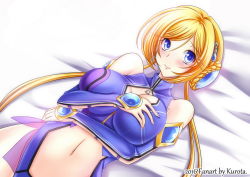 Rule 34 | 1girl, banpresto, bare shoulders, bed, bed sheet, blonde hair, blue eyes, blush, breast suppress, breasts, gloves, grabbing, grabbing another&#039;s breast, large breasts, long hair, lying, melua melna meia, navel, solo, stomach, super robot wars, super robot wars judgement, super robot wars original generation, twintails