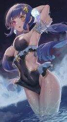 Rule 34 | 1girl, absurdres, arm behind head, arm up, armpits, black choker, black one-piece swimsuit, blue hair, breasts, choker, commission, covered navel, detached sleeves, frilled one-piece swimsuit, frills, gold trim, hair ornament, heterochromia, highleg, highleg swimsuit, highres, hop3, horns, large breasts, long hair, looking at viewer, one-piece swimsuit, open mouth, original, red eyes, ruthenium77&#039;s character, second-party source, sideless outfit, solo, swimsuit, thighs, twintails, very long hair, wading, water, wet, yellow eyes