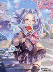 Rule 34 | 1girl, blue eyes, bow, bowtie, bread slice, building, cherry blossoms, copyright name, food, food in mouth, force of will, glasses, leaf, long hair, mouth hold, multicolored hair, official art, petals, pisuke, pointy ears, sailor collar, school uniform, stuffed toy, thighhighs, toast, toast in mouth, tree, two-tone hair, yellow eyes