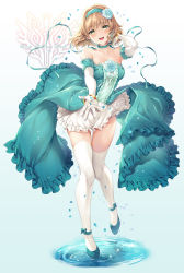 Rule 34 | 1girl, alternate costume, ankle strap, aqua choker, aqua dress, aqua footwear, aqua hairband, armband, armpits, bare shoulders, blue flower, blue rose, blush, bracelet, breasts, brown hair, choker, cleavage, collarbone, commentary, dress, elbow gloves, english text, female focus, flower, frilled skirt, frills, full body, glint, gloves, gradient background, green dress, green eyes, hair flower, hair ornament, hairband, half-closed eyes, hand up, high heels, highres, jewelry, knees together feet apart, long dress, looking at viewer, medium breasts, natalia luzu kimlasca lanvaldear, open mouth, outstretched arm, outstretched hand, petals, ribbon, rose, shoes, short hair, shuragyoku mami, simple background, skindentation, skirt, smile, solo, standing, standing on one leg, tales of (series), tales of the abyss, teeth, thighhighs, thighs, tongue, upper teeth only, water, white gloves, white skirt, white thighhighs