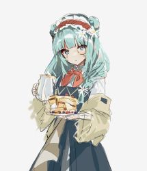 Rule 34 | 1girl, animal ears, aqua eyes, aqua hair, arknights, bear ears, black dress, blunt bangs, blush, bow, bowtie, braid, brown jacket, closed mouth, conallixxc, cowboy shot, dress, food, hair over shoulder, hairband, highres, holding, holding jug, holding plate, istina (arknights), istina (bibliosmia) (arknights), jacket, long hair, long sleeves, looking at viewer, monocle, off shoulder, official alternate costume, open clothes, open jacket, pancake, pinafore dress, plate, red bow, red bowtie, red hairband, simple background, single braid, sleeveless dress, solo, white background, yellow-framed eyewear