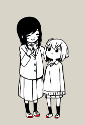 Rule 34 | 2girls, ^ ^, alternate height, annoyed, blazer, blush, bow, bowtie, closed eyes, closed mouth, collared shirt, commentary request, dot nose, full body, grey background, hand on another&#039;s head, hands up, happy, headpat, height switch, highres, hitori bocchi, hitoribocchi no marumaru seikatsu, jacket, jitome, katsuwo (cr66g), long hair, long sleeves, looking at another, looking up, mole, mole under eye, monochrome, multiple girls, pleated skirt, school uniform, shirt, shoes, short hair, simple background, skirt, sleeves past fingers, sleeves past wrists, smile, socks, spot color, standing, sunao nako, sweater, uwabaki