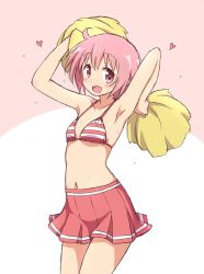 Rule 34 | 1girl, ahoge, armpits, blush, bra, breasts, cheerleader, heart, looking at viewer, mel (melty pot), navel, nonohara yuzuko, open mouth, pink eyes, pink hair, pom pom (cheerleading), red bra, short hair, sideboob, small breasts, smile, solo, striped bra, striped clothes, underwear, yuyushiki