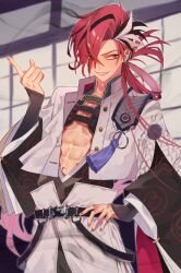 Rule 34 | 1boy, abs, belt, earrings, eyebrow cut, fate/grand order, fate (series), grin, hair over one eye, hair rings, highres, index finger raised, indoors, jacket, japanese clothes, jewelry, kujiraoka, long sleeves, male focus, open clothes, open jacket, pants, pectorals, pink eyes, red hair, smile, takasugi shinsaku (fate), toned, toned male, white pants, window