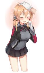 Rule 34 | 10s, 1girl, ;d, ^ ^, admiral (kancolle), anchor hair ornament, arm behind back, bare legs, black ribbon, black skirt, blonde hair, blush, breasts, closed eyes, cropped legs, cross, gloves, hair ornament, hair ribbon, hand on another&#039;s head, hand up, head pat, headpat, highres, iron cross, kantai collection, large breasts, leaning forward, low twintails, military, military uniform, monobe tsukuri, motion lines, no headwear, one eye closed, open mouth, pink background, pleated skirt, prinz eugen (kancolle), ribbon, simple background, skirt, smile, solo focus, standing, twintails, uniform, white gloves