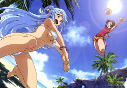 Rule 34 | 10s, 2016, 2girls, absurdres, aqua (konosuba), ball, bare shoulders, barefoot, beach, beachball, bikini, black hair, blue eyes, blue hair, blue sky, blush, breasts, brown hair, casual one-piece swimsuit, cloud, covered navel, dated, day, feet, frilled swimsuit, frills, hair ornament, hair rings, highres, imaizumi naoko, jumping, kono subarashii sekai ni shukufuku wo!, long hair, megumin, multiple girls, navel, official art, one-piece swimsuit, open mouth, outdoors, outstretched arms, palm tree, plant, red eyes, red one-piece swimsuit, rock, short hair, sky, small breasts, sun, swimsuit, tongue, tree, underboob, very long hair, water, white bikini