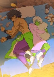 Rule 34 | 1boy, 1girl, abs, back-to-back, bare legs, black hair, blanket, boots, broly (dragon ball super), candy, candy bar, cheelai, clothes around waist, coat, colored skin, day, dragon ball, dragon ball super, dragon ball super broly, closed eyes, facial scar, fingernails, food, from above, full body, green skin, hood, hood down, hooded jacket, jacket, libeuo (liveolivel), lying, muscular, on side, parted lips, pillow, pillow grab, profile, purple legwear, scar, scar on cheek, scar on face, topless male, short hair, sleeping, sunlight, sweets, thermos, twitter username, very short hair, white hair, wristband