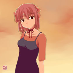 Rule 34 | 00s, 1girl, bad id, bad pixiv id, bow, dress, elfen lied, horns, kaede (character), lucy (elfen lied), pinafore dress, pink hair, red eyes, ribbon, short hair, simple background, sleeveless, sleeveless dress, solo, yayoi, yayoi (pipi)
