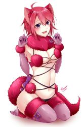 Rule 34 | 1girl, :d, alternate color, animal ears, black panties, bow, breasts, cleavage, cosplay, elbow gloves, fang, fox ears, fox tail, full body, fur-trimmed legwear, fur trim, gloves, gundam, gundam seed, gundam seed destiny, highres, kneeling, large breasts, looking at viewer, lunamaria hawke, mash kyrielight, mash kyrielight (dangerous beast), mash kyrielight (dangerous beast) (cosplay), navel, official alternate costume, open mouth, panties, pink gloves, pink thighhighs, purple bow, purple eyes, red hair, shiny clothes, short hair, signature, simple background, smile, solo, tail, thighhighs, tomoka notsu, underwear, white background, wolf ears, wolf tail