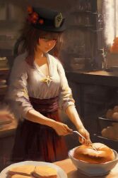 Rule 34 | 1girl, 2bells1ravine, absurdres, baking, bowl, bread, breasts, brown hair, faux traditional media, flower, food, genshin impact, hat, highres, hu tao (genshin impact), jar, kitchen, red eyes, signature, skirt, small breasts, solo, window