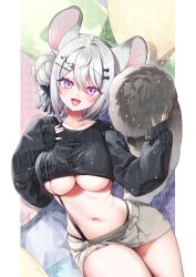 1girl animal_ears black_sweater breasts crop_top grey_skirt hair_bun hair_ornament hairclip hanasaki_mahiru highres large_breasts large_tail long_sleeves looking_at_viewer medium_hair midriff miniskirt navel open_mouth original panty_straps puffy_long_sleeves puffy_sleeves purple_eyes ribbed_sweater skirt smile solo stomach suspenders sweater tail thighs underboob white_hair