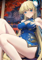 Rule 34 | 1girl, aerial fireworks, alternate costume, autumn, autumn leaves, bare legs, blonde hair, blue archive, blue dress, blue eyes, blush, breasts, bun cover, china dress, chinese clothes, cleavage, cleavage cutout, closed mouth, clothing cutout, covered navel, dress, fireworks, halo, highres, leaf, legs, long hair, maple leaf, may9, medium breasts, solo, thighs, toki (blue archive)