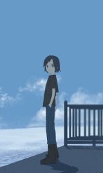 Rule 34 | 1boy, absurdres, asagiri kogen, black footwear, black hair, black shirt, blurry, boots, calem (pokemon), closed mouth, cloud, commentary, creatures (company), day, fence, from side, full body, game freak, grey eyes, hand in pocket, highres, looking at viewer, male focus, nintendo, outdoors, pants, pokemon, pokemon xy, shirt, short hair, short sleeves, sky, solo, standing, t-shirt