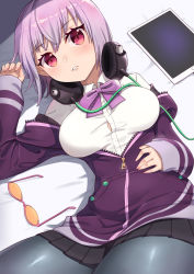 Rule 34 | 10s, 1girl, arm up, black skirt, blush, bow, breasts, collared shirt, commentary request, dress shirt, fingernails, grey pantyhose, gridman universe, hair between eyes, headphones, headphones around neck, highres, jacket, large breasts, lo xueming, long sleeves, lying, off shoulder, on back, pantyhose, pink-framed eyewear, pink hair, pleated skirt, purple bow, purple jacket, red eyes, semi-rimless eyewear, shinjou akane, shirt, skirt, sleeves past wrists, solo, ssss.gridman, under-rim eyewear, white shirt