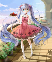 Rule 34 | 1girl, :o, ahoge, bad id, bad pixiv id, blue eyes, blue hair, blueberry, blush, chair, cloud, day, dress, eyebrows, flower, food, fruit, full body, hair flower, hair ornament, hatsune miku, head tilt, highres, kneehighs, long hair, looking at viewer, matching hair/eyes, outdoors, petticoat, pigeon-toed, plant, plate, potted plant, railing, red dress, revision, shoes, silhouette, sky, socks, solo, standing, strawberry, table, twintails, very long hair, vocaloid, white footwear, yue yue