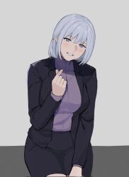 Rule 34 | 1girl, alternate costume, arm up, black jacket, black skirt, blush, breasts, business suit, corrupted twitter file, feet out of frame, formal, girls&#039; frontline, grey hair, highres, jacket, long sleeves, looking at viewer, medium breasts, medium hair, open clothes, open jacket, open mouth, parted lips, purple eyes, purple shirt, rpk-16 (girls&#039; frontline), seilindekos, shirt, simple background, sitting, skirt, smile, solo, suit