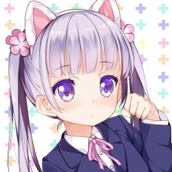 Rule 34 | 10s, 1girl, :o, animal ears, blush, business suit, cat ears, fake animal ears, flower, formal, hair flower, hair ornament, kikistark, long hair, looking at viewer, new game!, paw pose, purple eyes, purple hair, ribbon, solo, suit, suzukaze aoba, twintails
