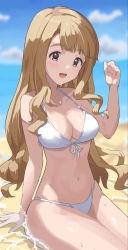 Rule 34 | 1girl, :d, arm at side, bare arms, bare shoulders, beach, bikini, blue sky, blunt bangs, blurry, blurry background, blush, breasts, brown eyes, brown hair, cleavage, cloud, commentary request, cowboy shot, day, ebifu, front-tie bikini top, front-tie top, groin, halterneck, hand up, highres, idolmaster, idolmaster million live!, long hair, looking at viewer, medium breasts, miyao miya, navel, open mouth, outdoors, partially submerged, shallow water, sidelocks, sitting, sky, smile, solo, stomach, string bikini, swimsuit, very long hair, water, water drop, wavy hair, wet, white bikini