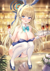 Rule 34 | 1girl, alcohol, animal ears, areola slip, bare shoulders, blonde hair, blue archive, blue eyes, blue hairband, blue leotard, blush, bow, bowtie, braid, breasts, controller, cup, detached collar, drinking glass, earpiece, egg vibrator, fake animal ears, flower, gemini (feng), hairband, halo, high heels, highres, holding, holding cup, holding tray, large breasts, leotard, long hair, looking at viewer, multicolored hair, official alternate costume, open mouth, playboy bunny, pov, pov hands, pussy juice, pussy juice trail, rabbit ears, remote control, remote control vibrator, sex toy, squatting, strapless, strapless leotard, streaked hair, sweat, thighhighs, toki (blue archive), toki (bunny) (blue archive), tray, very long hair, vibrator, white thighhighs, white wrist cuffs, wine, wine glass, wrist cuffs