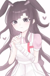 1girl animal_ears apron black_hair blush collared_shirt danganronpa_(series) danganronpa_2:_goodbye_despair heart highres long_hair mole mole_under_eye own_hands_together pink_shirt puffy_short_sleeves puffy_sleeves rabbit_ears shirt short_sleeves simple_background solo tsumiki_mikan two-tone_shirt white_apron white_background white_shirt xiang_gong