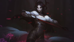 Rule 34 | 1girl, absurdres, alternate costume, black hair, breasts, brown pantyhose, cleavage, cowboy shot, flower, highres, holding, holding sword, holding weapon, horns, irelia, large breasts, league of legends, long hair, long sleeves, looking at viewer, pantyhose, parted bangs, pink flower, red horns, shiny horns, solo, spider lily, sword, tree, vincent t (oriaarts), weapon