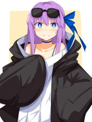 Rule 34 | 1girl, black hoodie, blue choker, blue eyes, blue ribbon, blush, chata maru (irori sabou), choker, collarbone, commentary request, fate/grand order, fate (series), grin, hair ribbon, highres, hood, hoodie, long hair, long sleeves, looking at viewer, meltryllis (fate), meltryllis (swimsuit lancer) (first ascension) (fate), purple hair, ribbon, simple background, sleeves past fingers, sleeves past wrists, smile, solo, very long hair, white background, white hoodie, yellow background