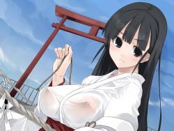 Rule 34 | 1girl, aka ume, black eyes, black hair, breasts, character request, covered erect nipples, dutch angle, game cg, japanese clothes, large breasts, long hair, long sleeves, mahjong toushi mao, miko, non-web source, official art, see-through, shrine, solo, techgian, torii