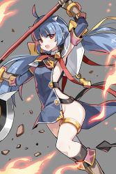 Rule 34 | 1girl, ahoge, arm up, arms up, axe, black socks, black tail, blue hair, bow, bracelet, brown footwear, brown gloves, demon horns, demon tail, epic seven, eyes visible through hair, fire, gloves, gold bracelet, grey background, highres, holding, holding axe, holding weapon, horns, jewelry, long hair, necktie, open mouth, pointy ears, ravi (epic seven), red eyes, red necktie, rock, serin199, simple background, socks, solo, tail, weapon, white horns, yellow bow