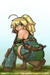 Rule 34 | 1girl, ahoge, bare shoulders, blonde hair, boots, dagger, elbow gloves, elf, fantasy, fingerless gloves, freckles, from behind, frown, full body, gloves, green eyes, head rest, highres, knife, lips, long hair, on one knee, original, pointy ears, ponytail, ronindude, scrunchie, solo, thigh boots, thighhighs, tunic, watermark, weapon, web address, zettai ryouiki