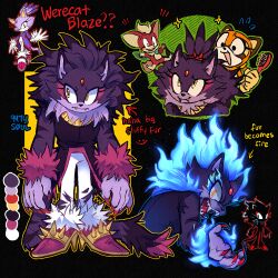 Rule 34 | 1boy, 2girls, 9474s0ul, animal ears, black background, blaze the cat, body fur, cat girl, chip (sonic), claws, closed mouth, color guide, commentary, english commentary, english text, fangs, fangs out, fiery hair, fluffy, furry, furry female, hair brush, hairdressing, high heels, holding, holding brush, looking at viewer, marine the raccoon, multiple girls, multiple views, open mouth, pants, ponytail, purple footwear, purple fur, reference inset, smile, sonic (series), sonic unleashed, spiked footwear, standing, tail, teeth, torn clothes, torn pants, white pants, yellow eyes